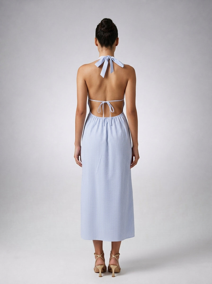 Mirabel Striped Halter V Neck Maxi Dress in Light Blue