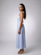 Mirabel Striped Halter V Neck Maxi Dress in Light Blue