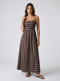 Estelle Striped Square Neck Spaghetti Strap Maxi Dress in Brown