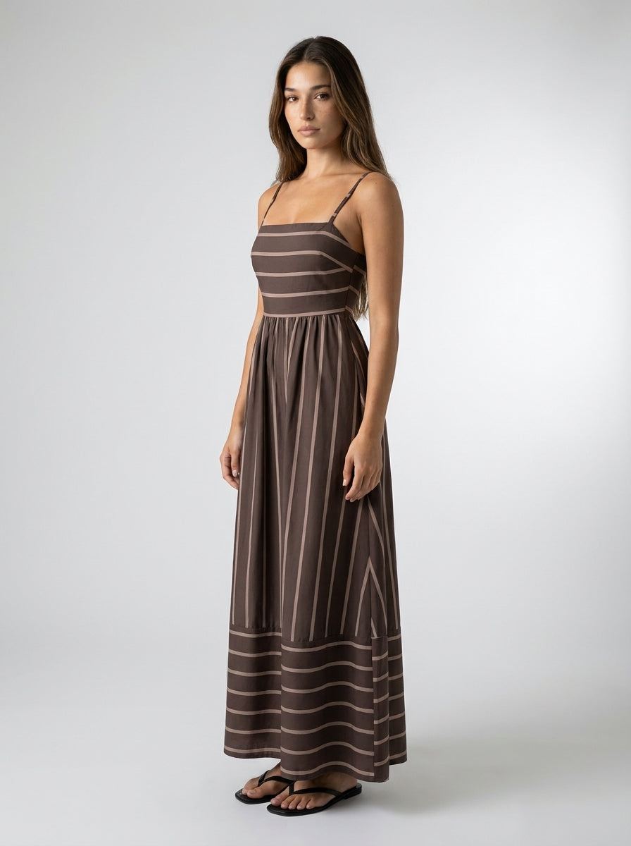 Estelle Striped Square Neck Spaghetti Strap Maxi Dress in Brown