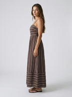 Estelle Striped Square Neck Spaghetti Strap Maxi Dress in Brown