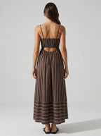Estelle Striped Square Neck Spaghetti Strap Maxi Dress in Brown