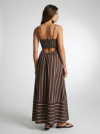Estelle Striped Square Neck Spaghetti Strap Maxi Dress in Brown