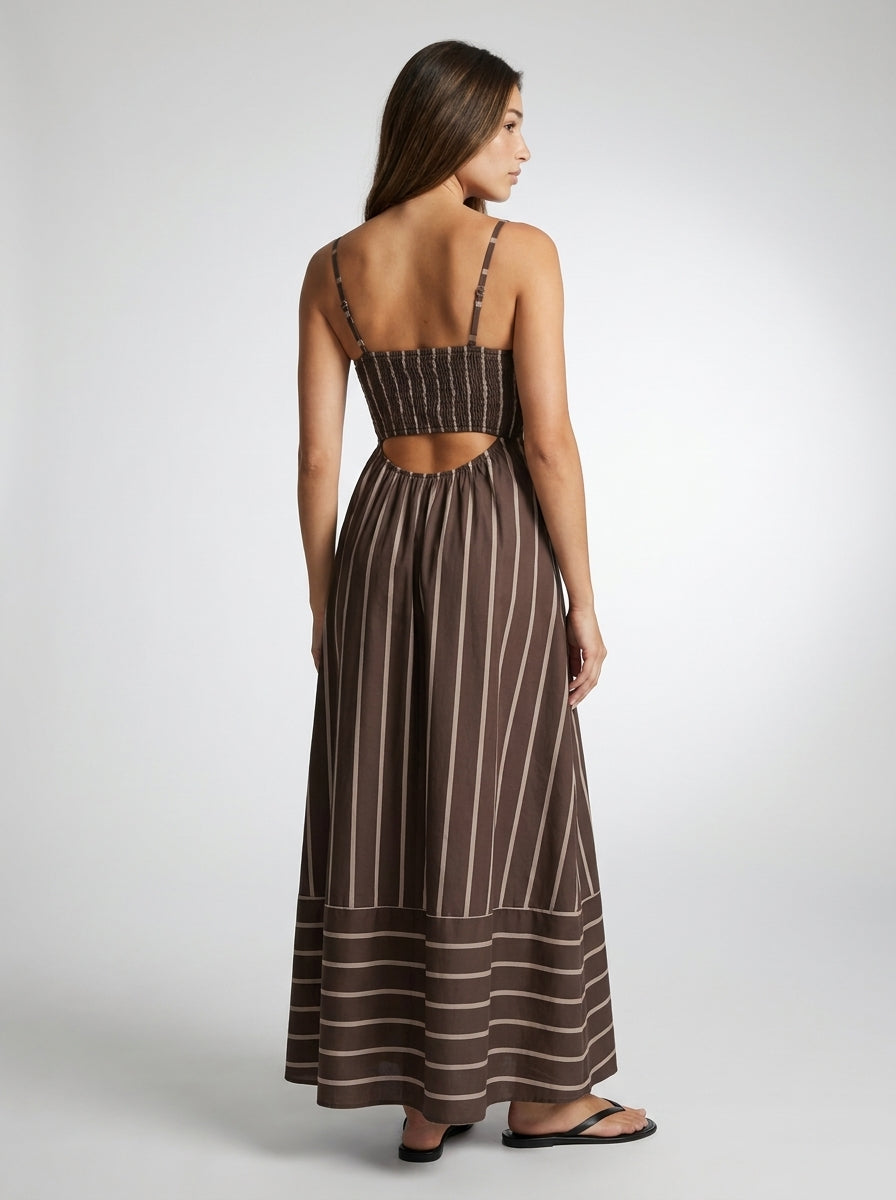 Estelle Striped Square Neck Spaghetti Strap Maxi Dress in Brown