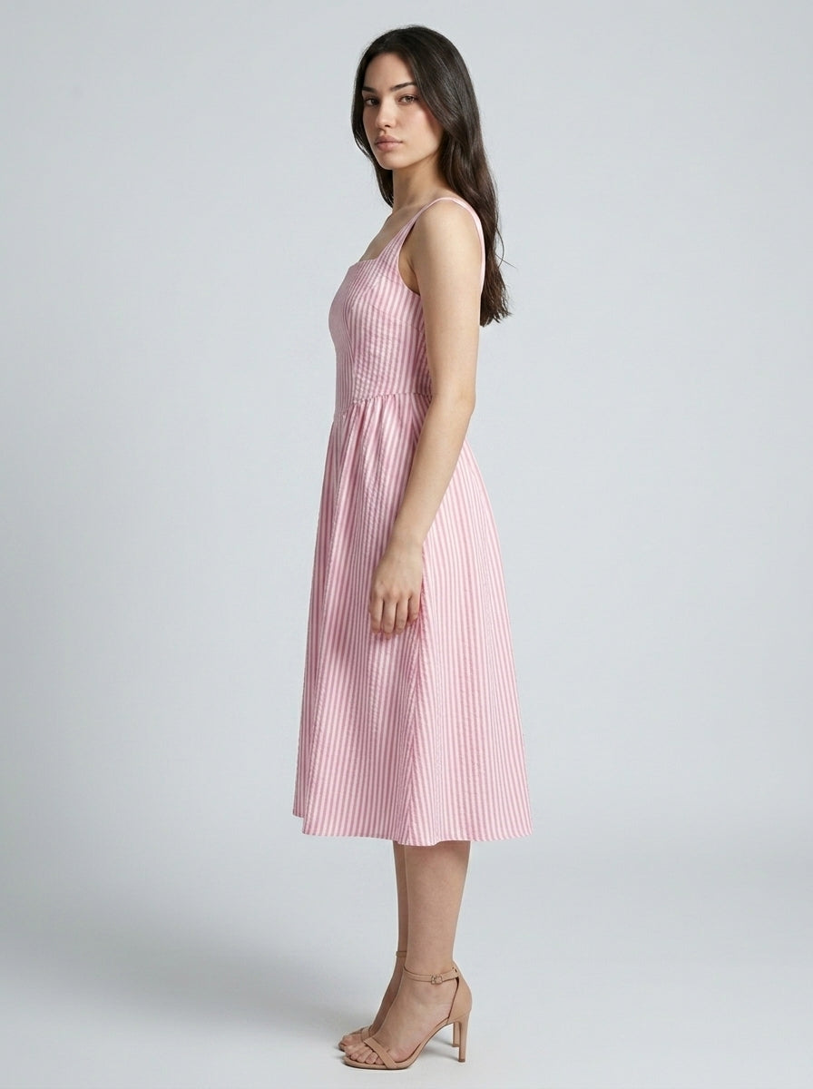 Fleur Striped Square Neck Sleeveless Midi Dress in Pink