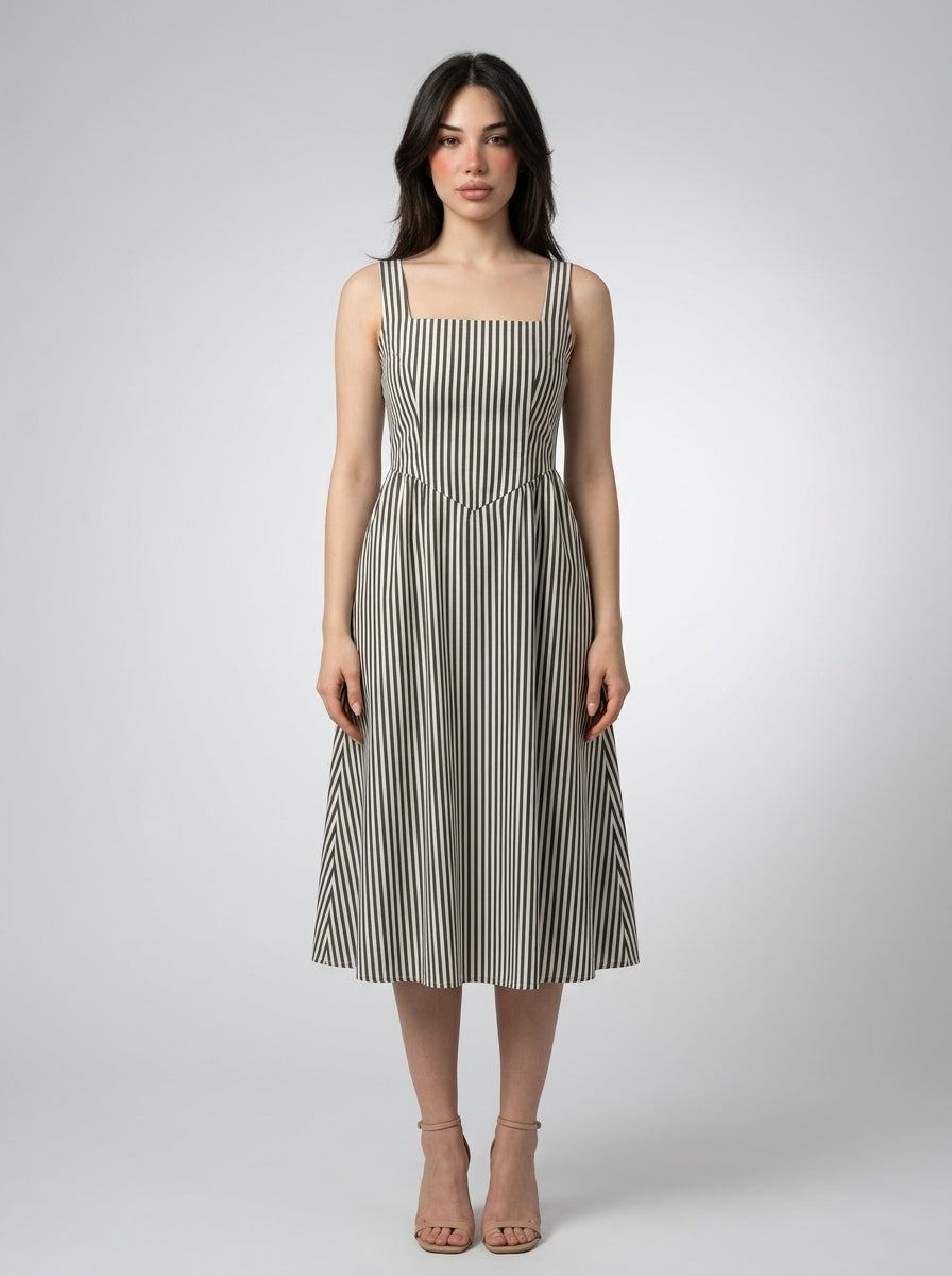 Fleur Striped Square Neck Sleeveless Midi Dress in Green