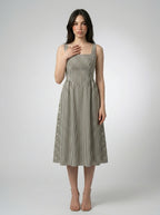 Fleur Striped Square Neck Sleeveless Midi Dress in Green