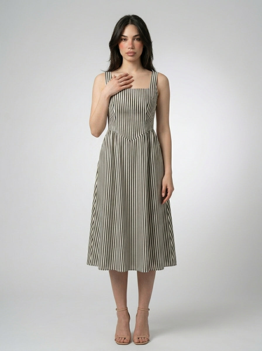 Fleur Striped Square Neck Sleeveless Midi Dress in Green