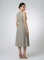 Fleur Striped Square Neck Sleeveless Midi Dress in Green