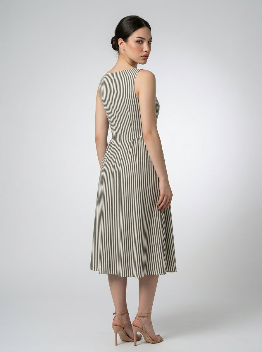 Fleur Striped Square Neck Sleeveless Midi Dress in Green
