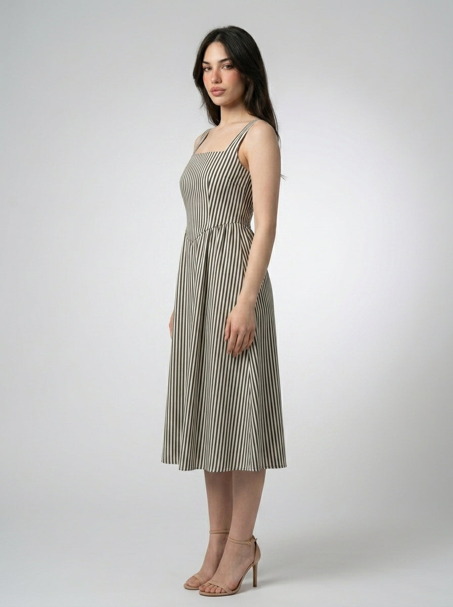 Fleur Striped Square Neck Sleeveless Midi Dress in Green