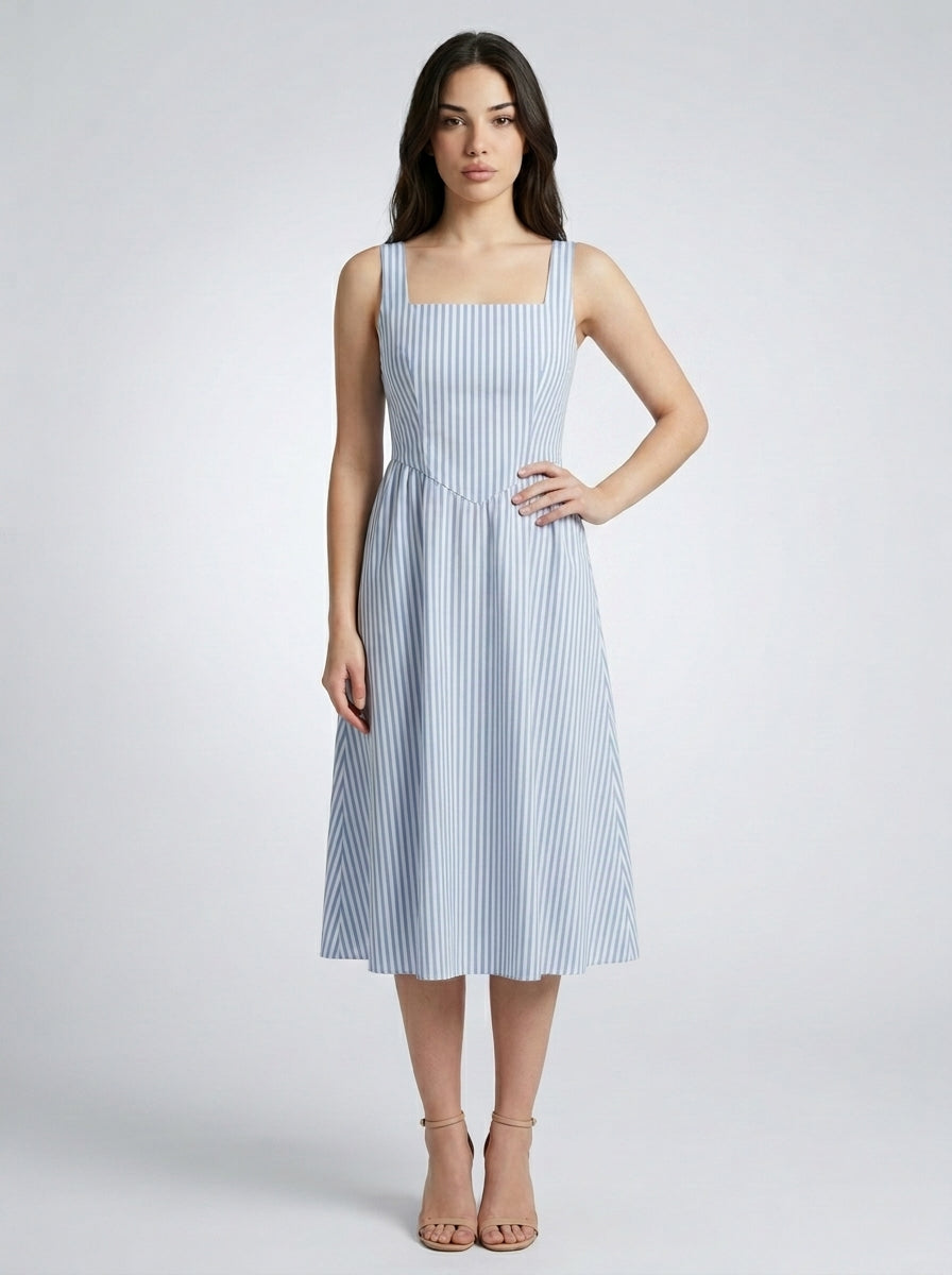 Fleur Striped Square Neck Sleeveless Midi Dress in Blue