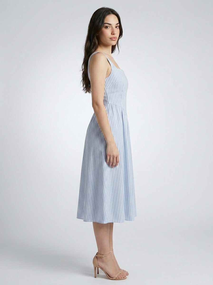 Fleur Striped Square Neck Sleeveless Midi Dress in Blue