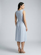 Fleur Striped Square Neck Sleeveless Midi Dress in Blue