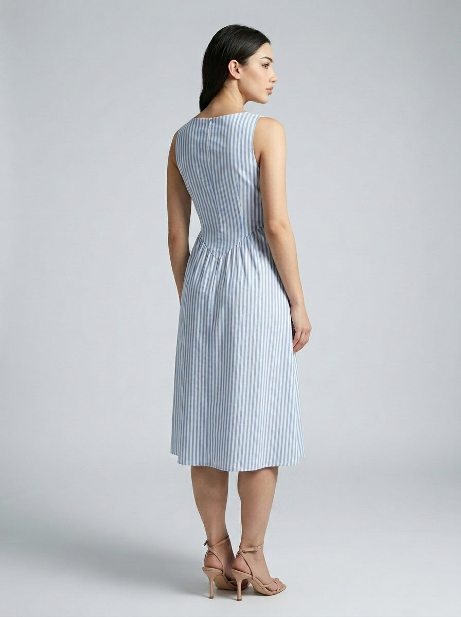 Fleur Striped Square Neck Sleeveless Midi Dress in Blue