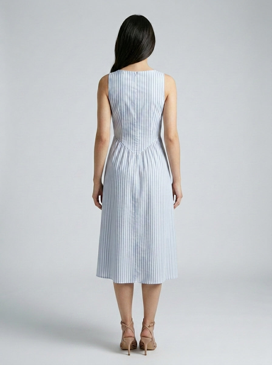 Fleur Striped Square Neck Sleeveless Midi Dress in Blue