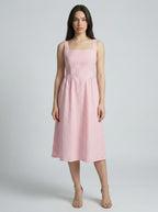 Fleur Striped Square Neck Sleeveless Midi Dress in Pink