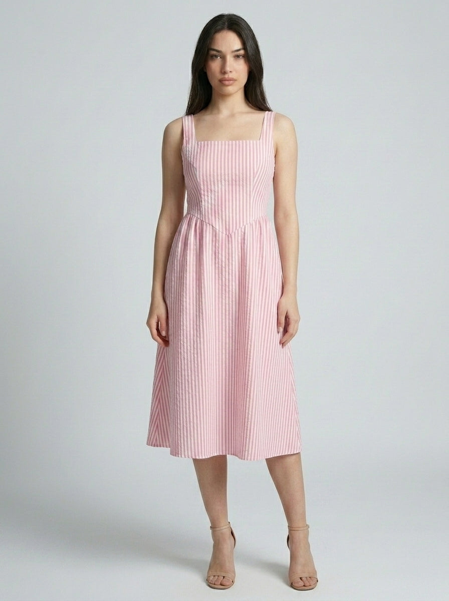 Fleur Striped Square Neck Sleeveless Midi Dress in Pink