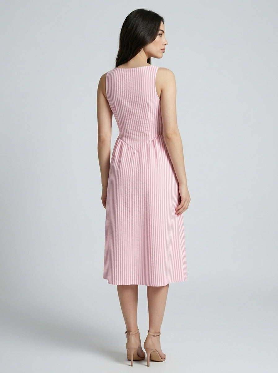 Fleur Striped Square Neck Sleeveless Midi Dress in Pink