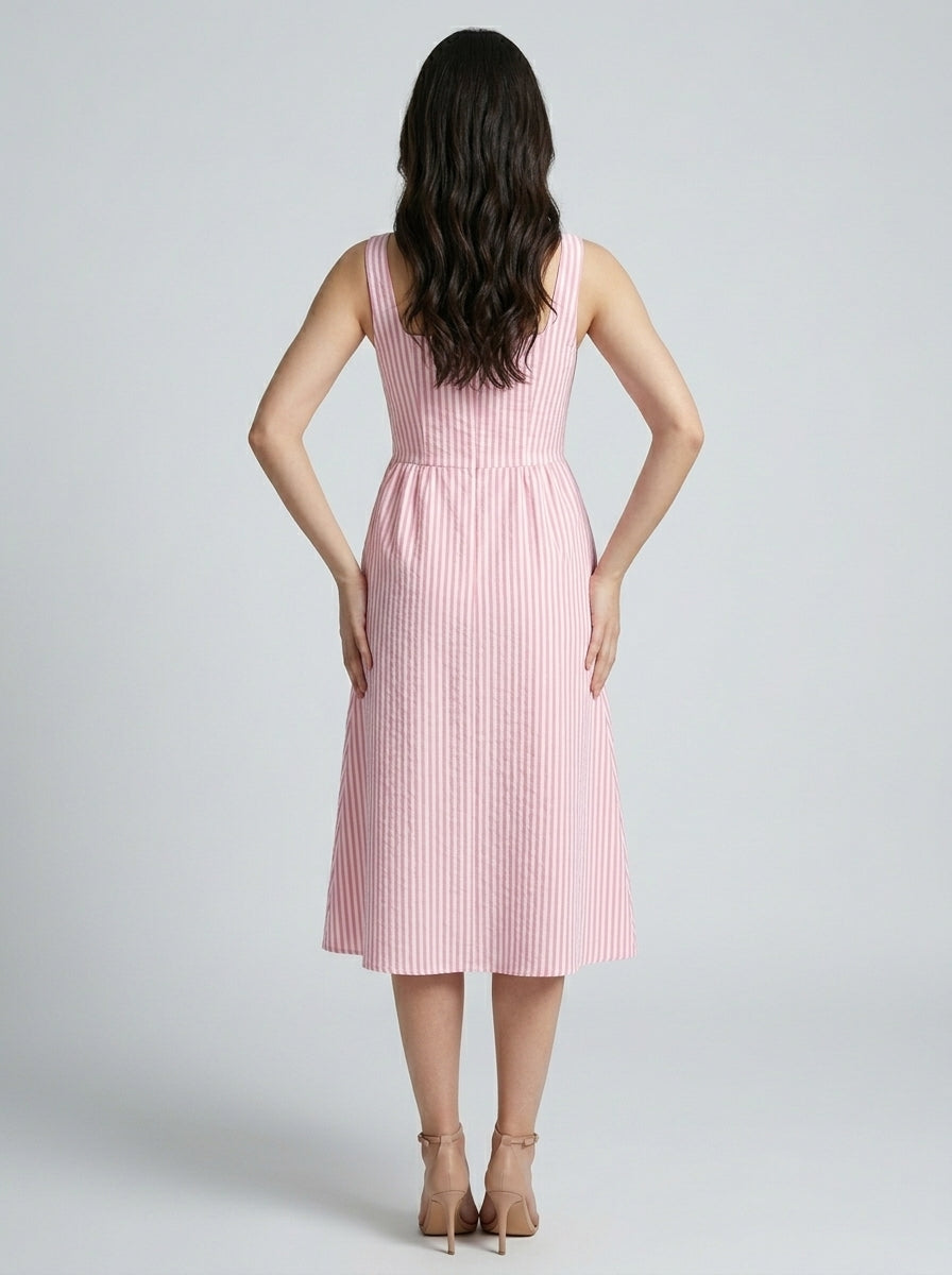 Fleur Striped Square Neck Sleeveless Midi Dress in Pink