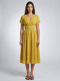 Noor Swiss Dot V Neck Short Sleeve Midi Dress in Mustard