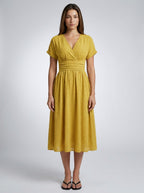 Noor Swiss Dot V Neck Short Sleeve Midi Dress in Mustard