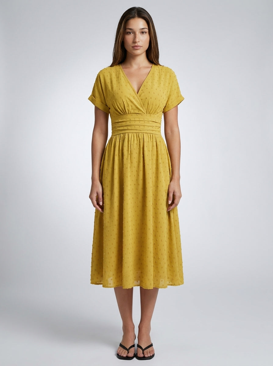 Noor Swiss Dot V Neck Short Sleeve Midi Dress in Mustard