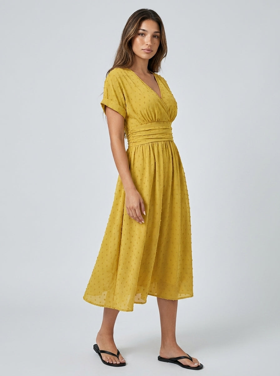 Noor Swiss Dot V Neck Short Sleeve Midi Dress in Mustard