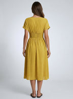 Noor Swiss Dot V Neck Short Sleeve Midi Dress in Mustard