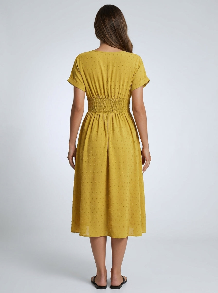 Noor Swiss Dot V Neck Short Sleeve Midi Dress in Mustard