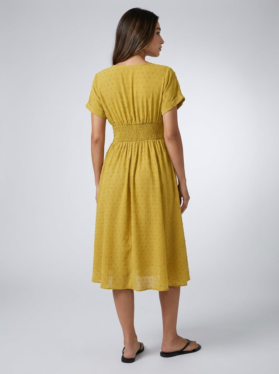 Noor Swiss Dot V Neck Short Sleeve Midi Dress in Mustard