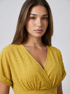 Noor Swiss Dot V Neck Short Sleeve Midi Dress in Mustard