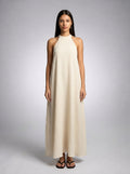 Yara Textured Halter Neck Sleeveless Maxi Dress in Cream