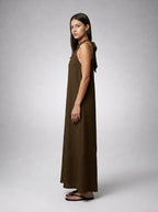 Yara Textured Halter Neck Sleeveless Maxi Dress in Brown
