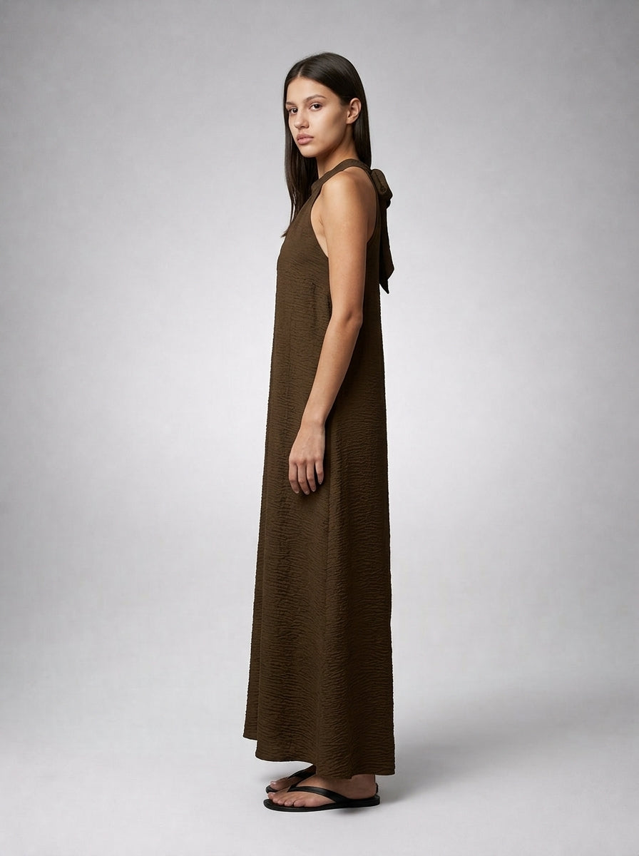 Yara Textured Halter Neck Sleeveless Maxi Dress in Brown