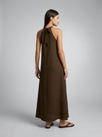 Yara Textured Halter Neck Sleeveless Maxi Dress in Brown