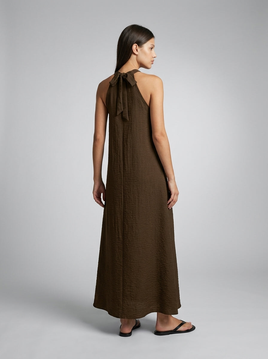 Yara Textured Halter Neck Sleeveless Maxi Dress in Brown