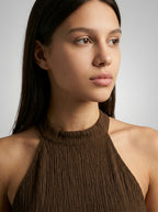 Yara Textured Halter Neck Sleeveless Maxi Dress in Brown