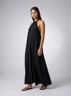 Yara Textured Halter Neck Sleeveless Maxi Dress in Black
