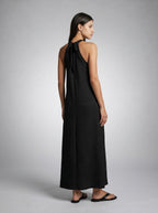 Yara Textured Halter Neck Sleeveless Maxi Dress in Black
