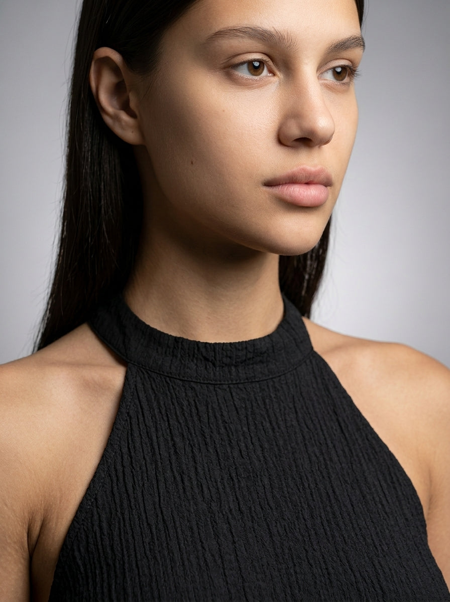 Yara Textured Halter Neck Sleeveless Maxi Dress in Black