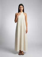Yara Textured Halter Neck Sleeveless Maxi Dress in Cream