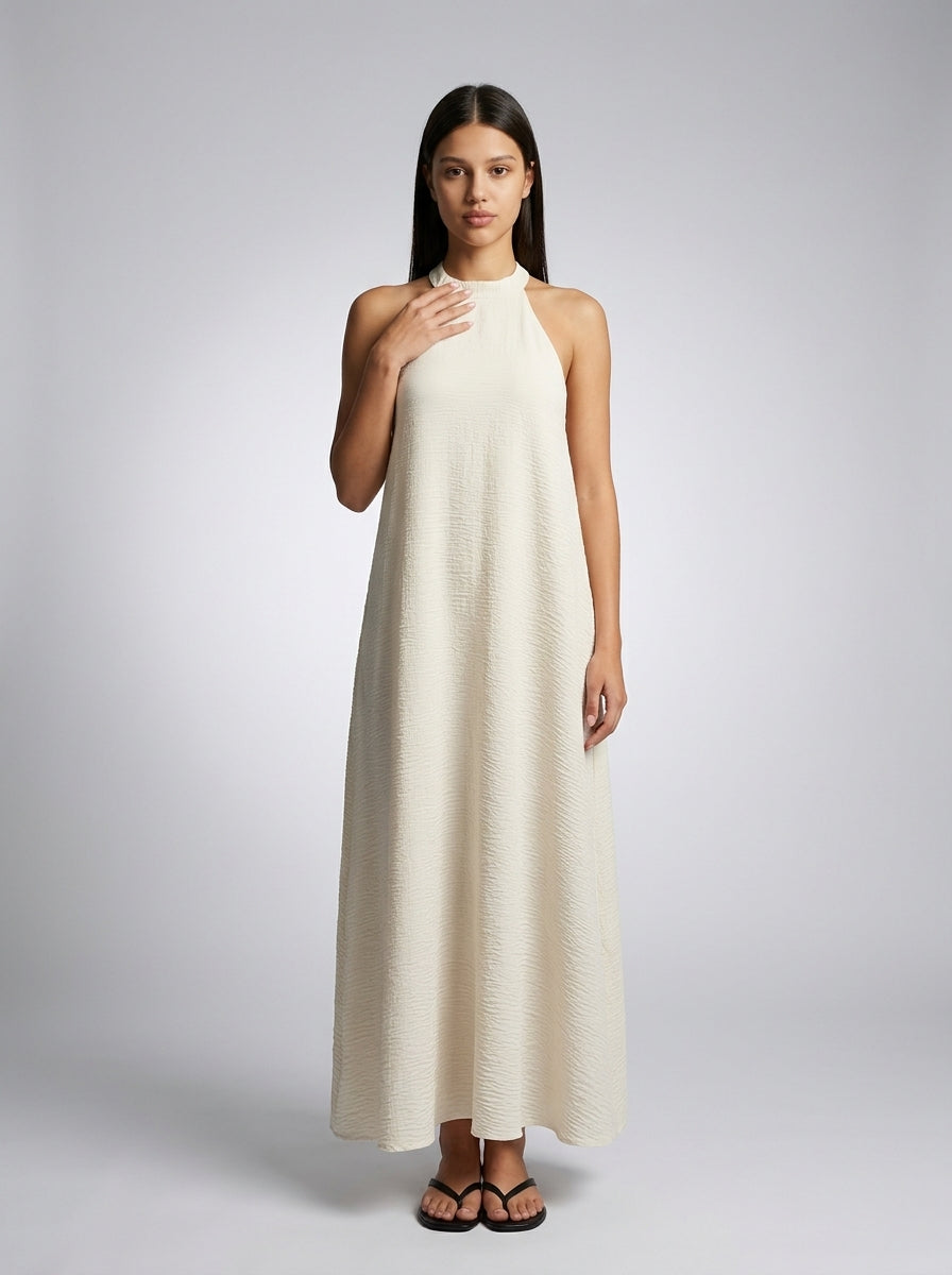 Yara Textured Halter Neck Sleeveless Maxi Dress in Cream
