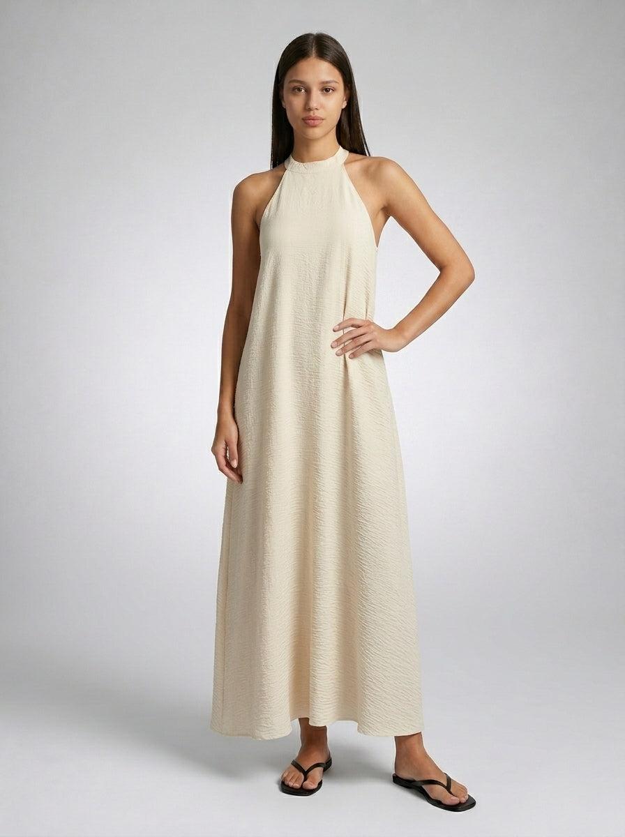 Yara Textured Halter Neck Sleeveless Maxi Dress in Cream