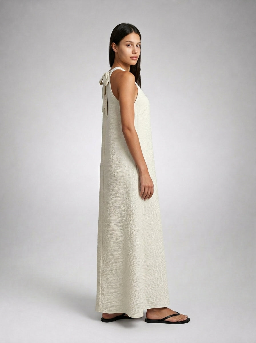 Yara Textured Halter Neck Sleeveless Maxi Dress in Cream