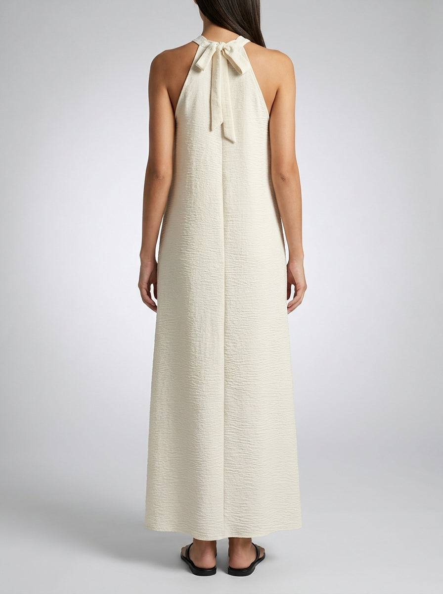 Yara Textured Halter Neck Sleeveless Maxi Dress in Cream