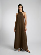 Yara Textured Halter Neck Sleeveless Maxi Dress in Brown