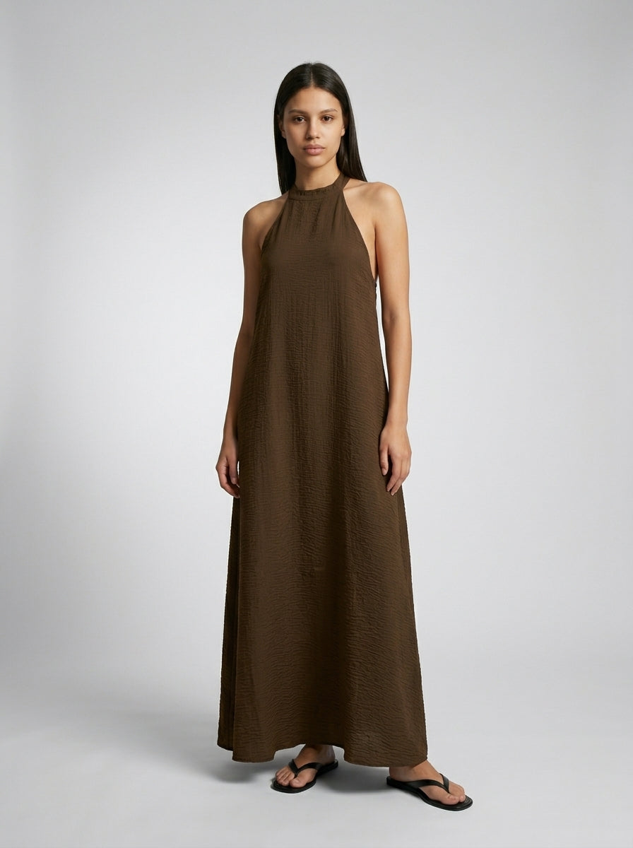 Yara Textured Halter Neck Sleeveless Maxi Dress in Brown
