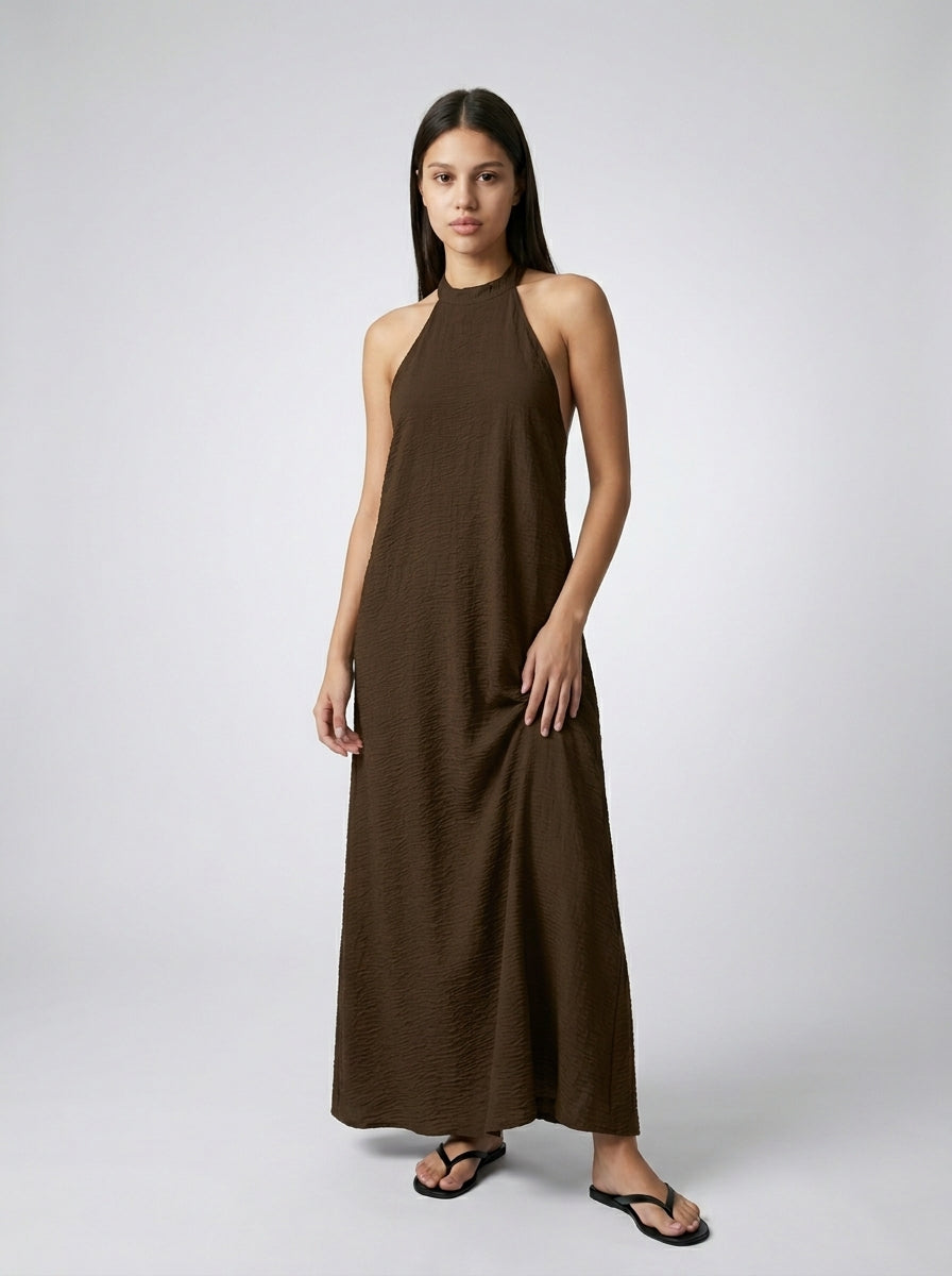 Yara Textured Halter Neck Sleeveless Maxi Dress in Brown
