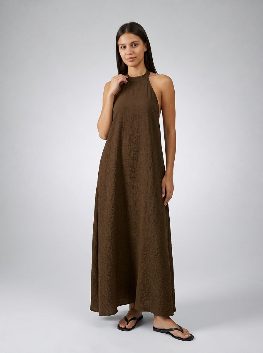 Yara Textured Halter Neck Sleeveless Maxi Dress in Brown